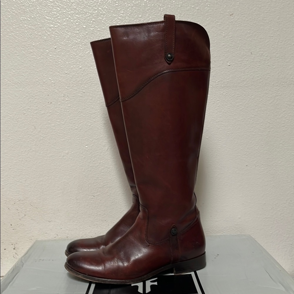 FRYE MELISSA BUTTON INSIDE ZIP COGNAC DISTRESSED LEATHER RIDING BOOT - Picture 2 of 10